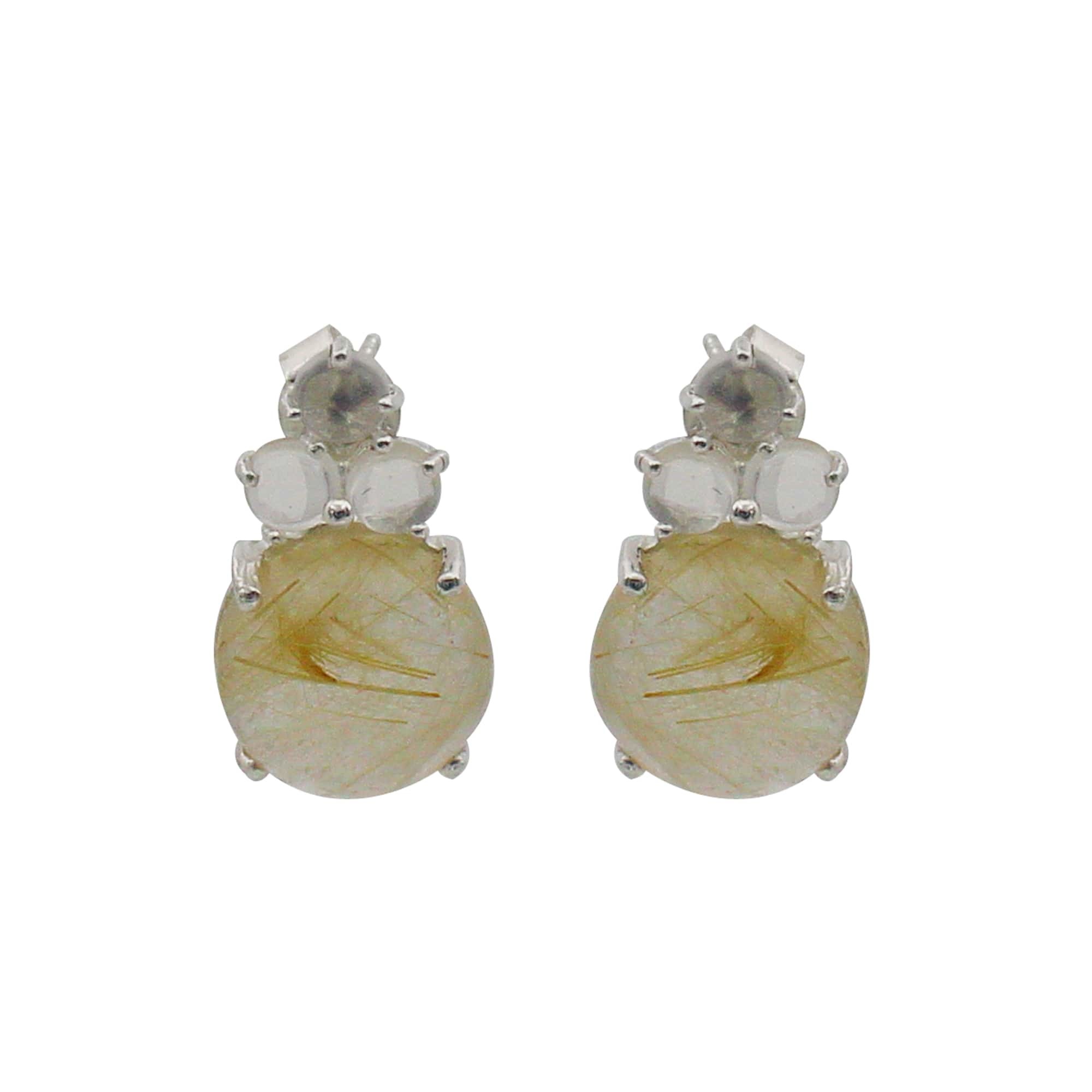 925 Sterling Silver Golden Rutile And White Crystal Studs Earring.