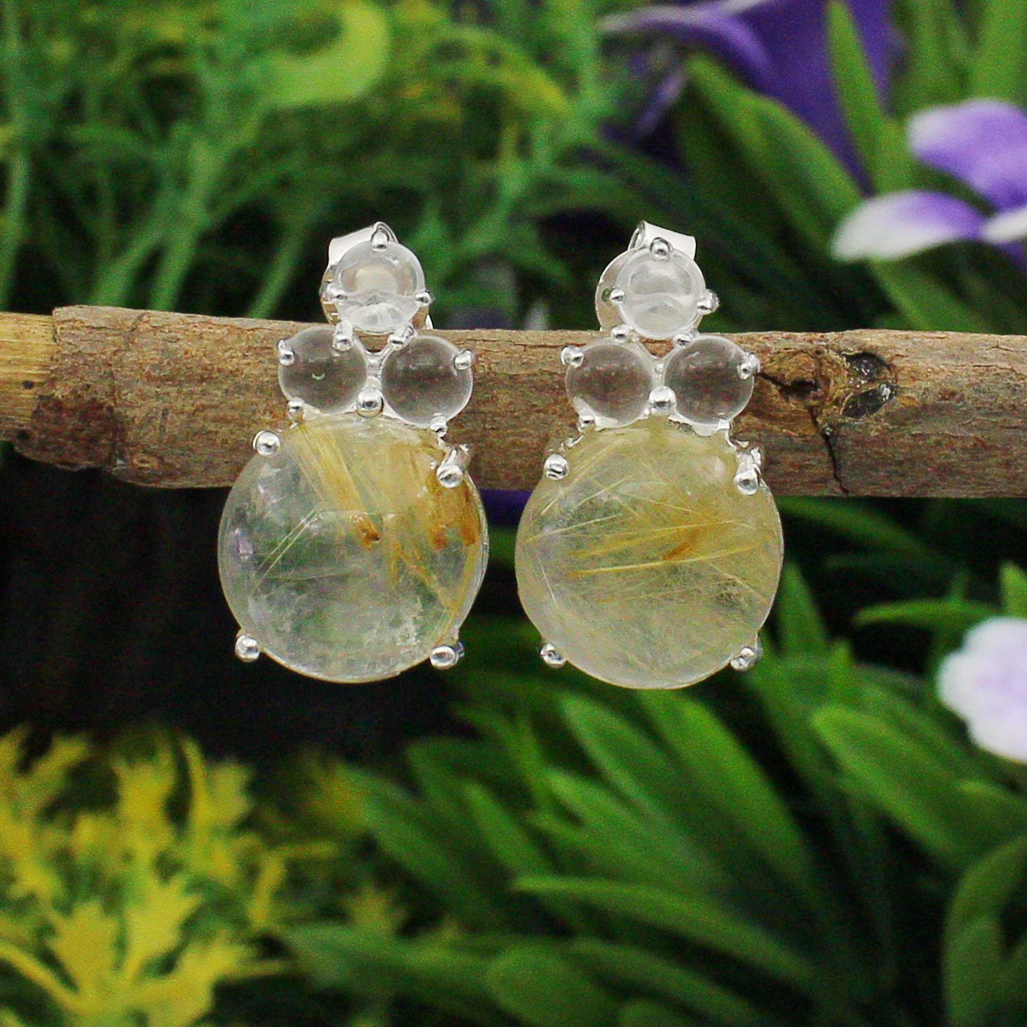 925 Sterling Silver Golden Rutile And White Crystal Studs Earring.