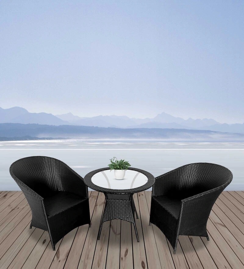 Table Chair Set (Black) - Iron Frame, Indian Wicker, Comfortable Cushions Available | Stylish, Weather-resistant Design For Outdoor Use