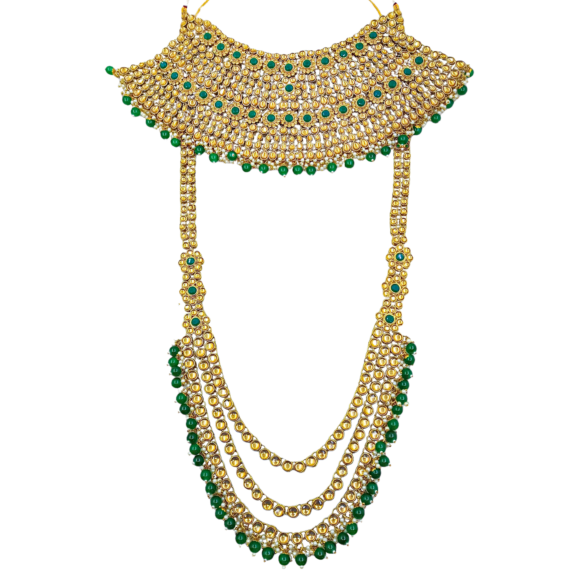 Green Indian Traditional Gold Plated Kundan Dulhan Bridal Jewellery Set With Choker Earrings Maang Tikka For Women