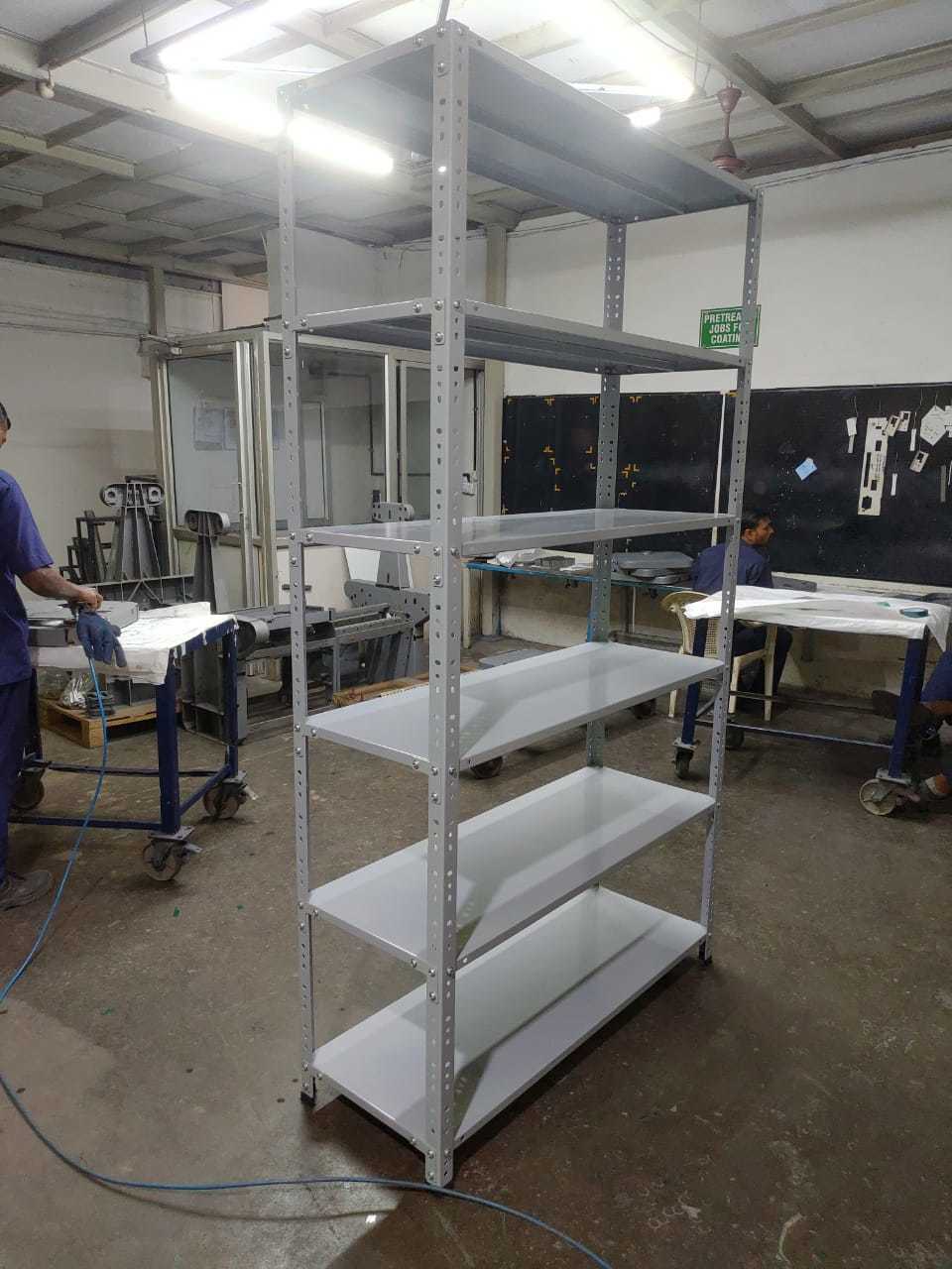Slotted Angle Rack - Mild Steel, 4 Feet Size, Powder Coated White Finish, 7 Feet Height, 5 Adjustable Layers, 150kgs Load Capacity | Durable, Heavy Duty, Space Saving, Easy Assembly, Versatile