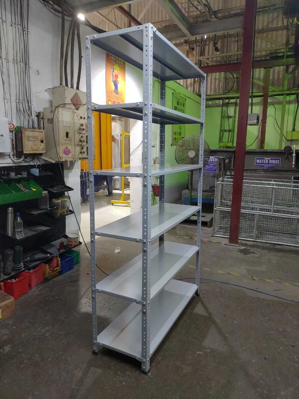 Slotted Angle Rack - Mild Steel, 4 Feet Size, Powder Coated White Finish, 7 Feet Height, 5 Adjustable Layers, 150kgs Load Capacity | Durable, Heavy Duty, Space Saving, Easy Assembly, Versatile
