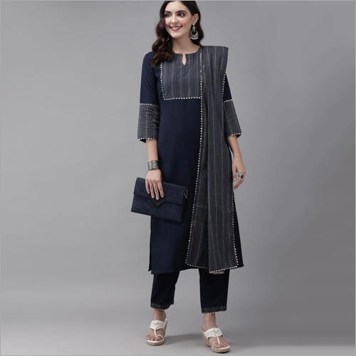 धोने योग्य महिलाओं के लिए गहरे नीले रंग का कुर्ता और पैंट सेट