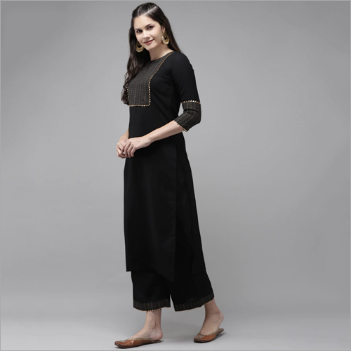 Washable Women Black Kurti And Trousers Set