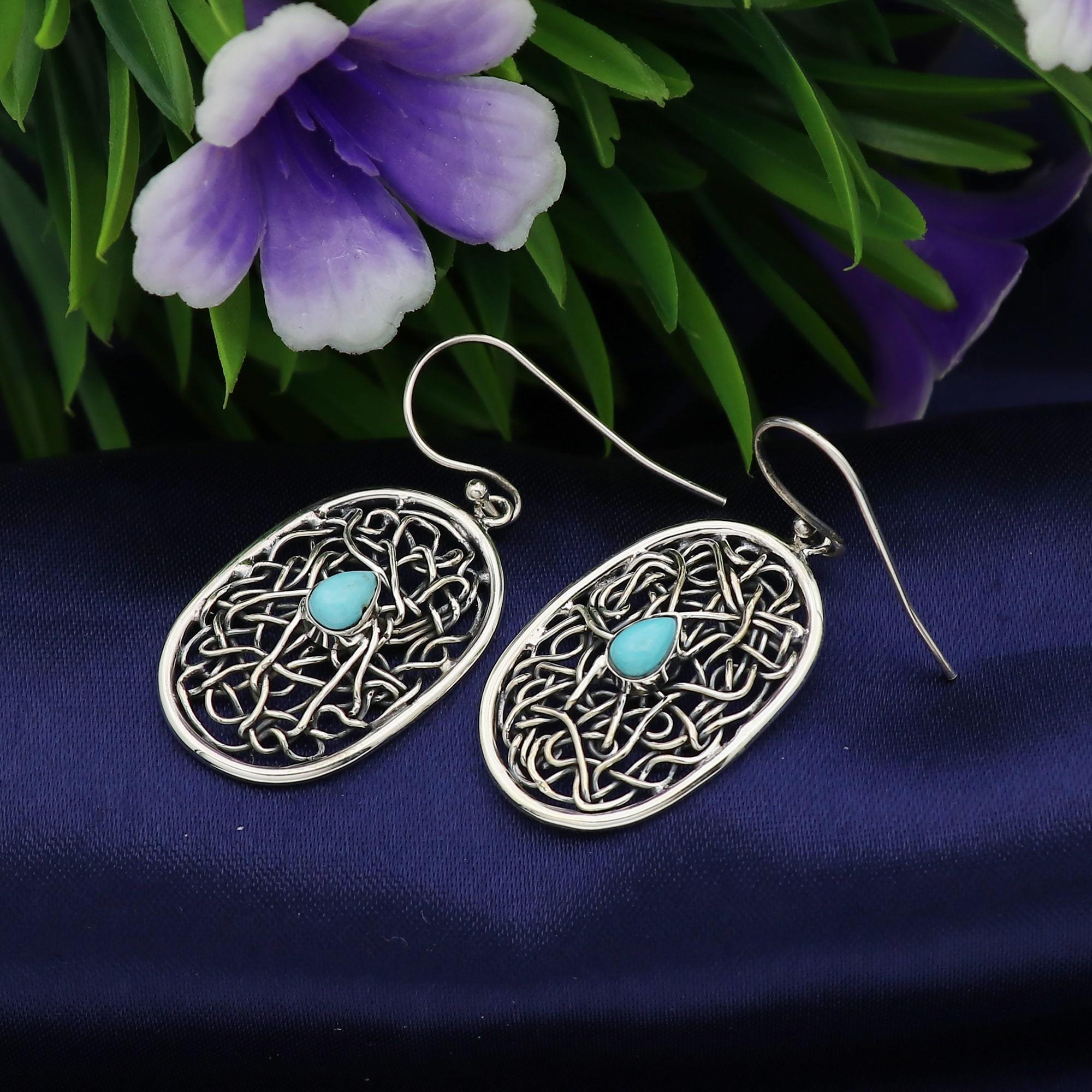 925 Sterling Silver Airzona Turquoise Wire Work Boho Earring