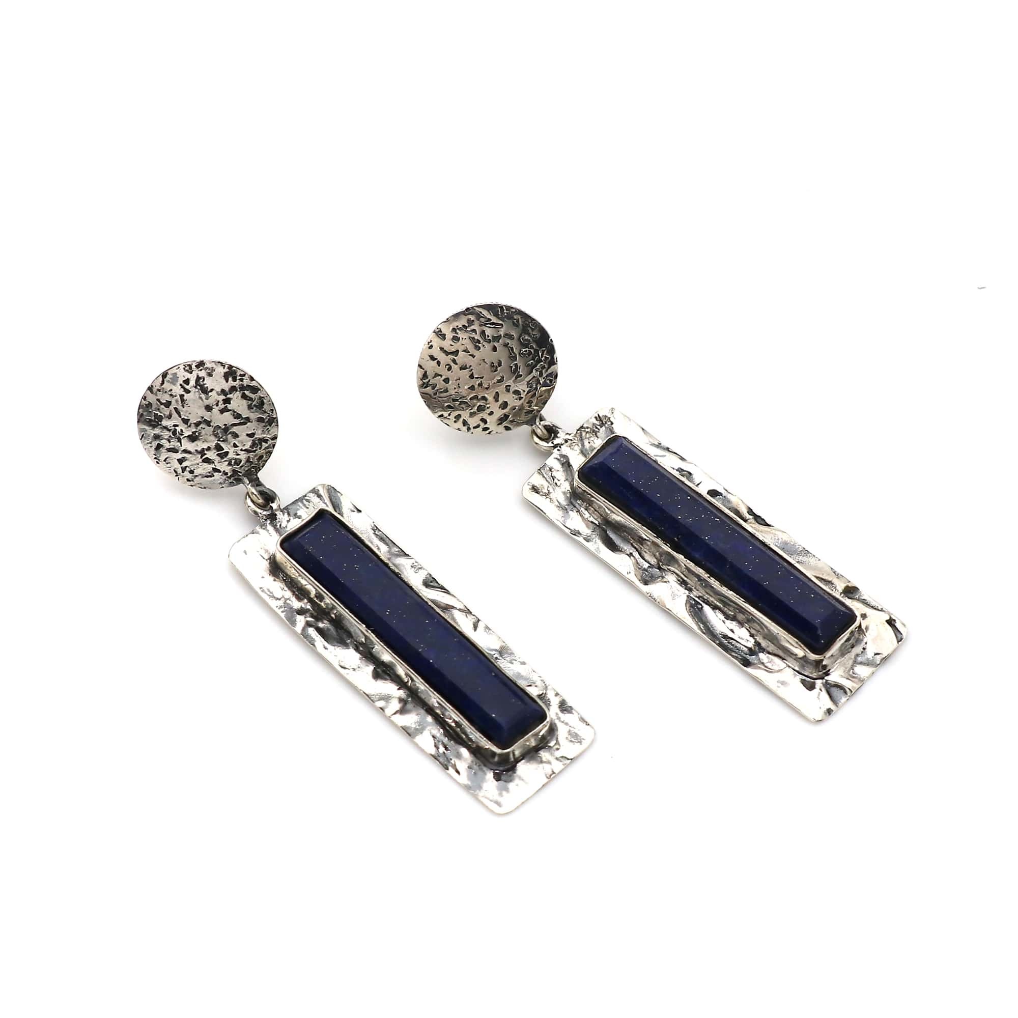 925 Sterling Silver Lapis Hammered Bezel Earring