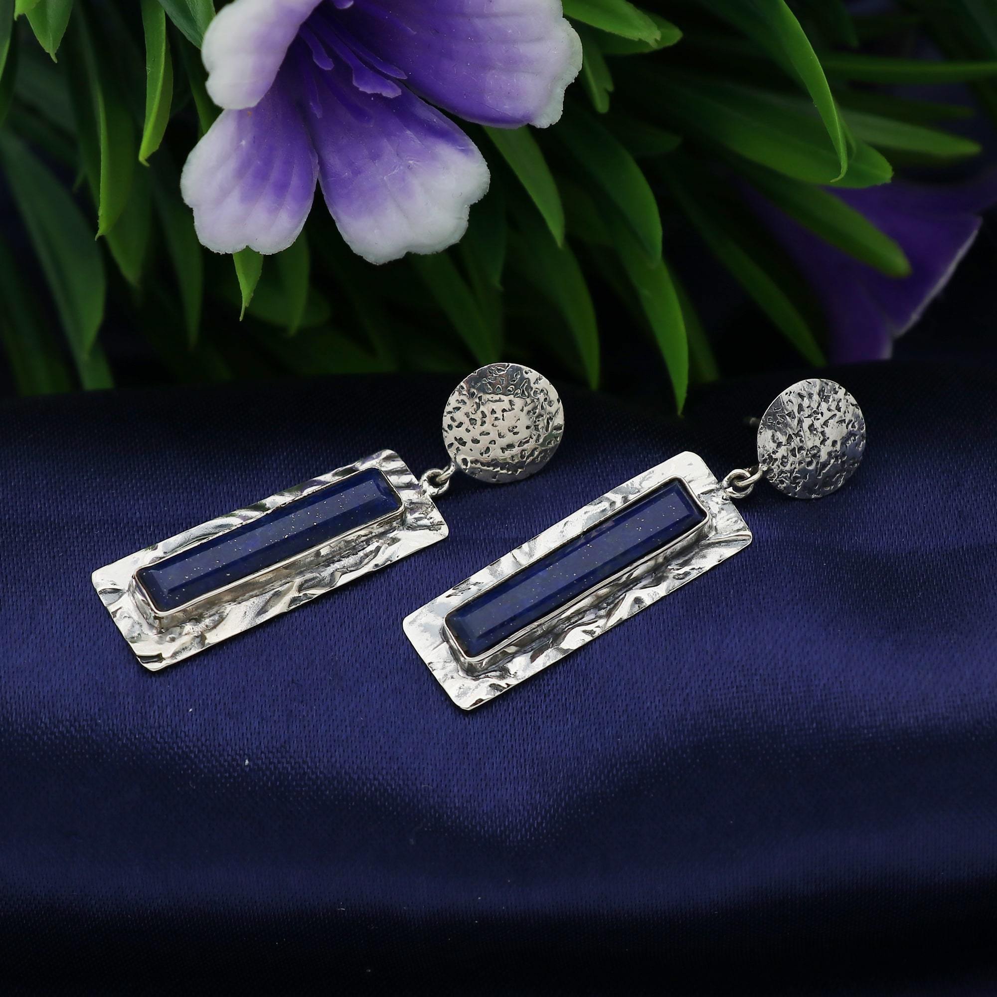 925 Sterling Silver Lapis Hammered Bezel Earring