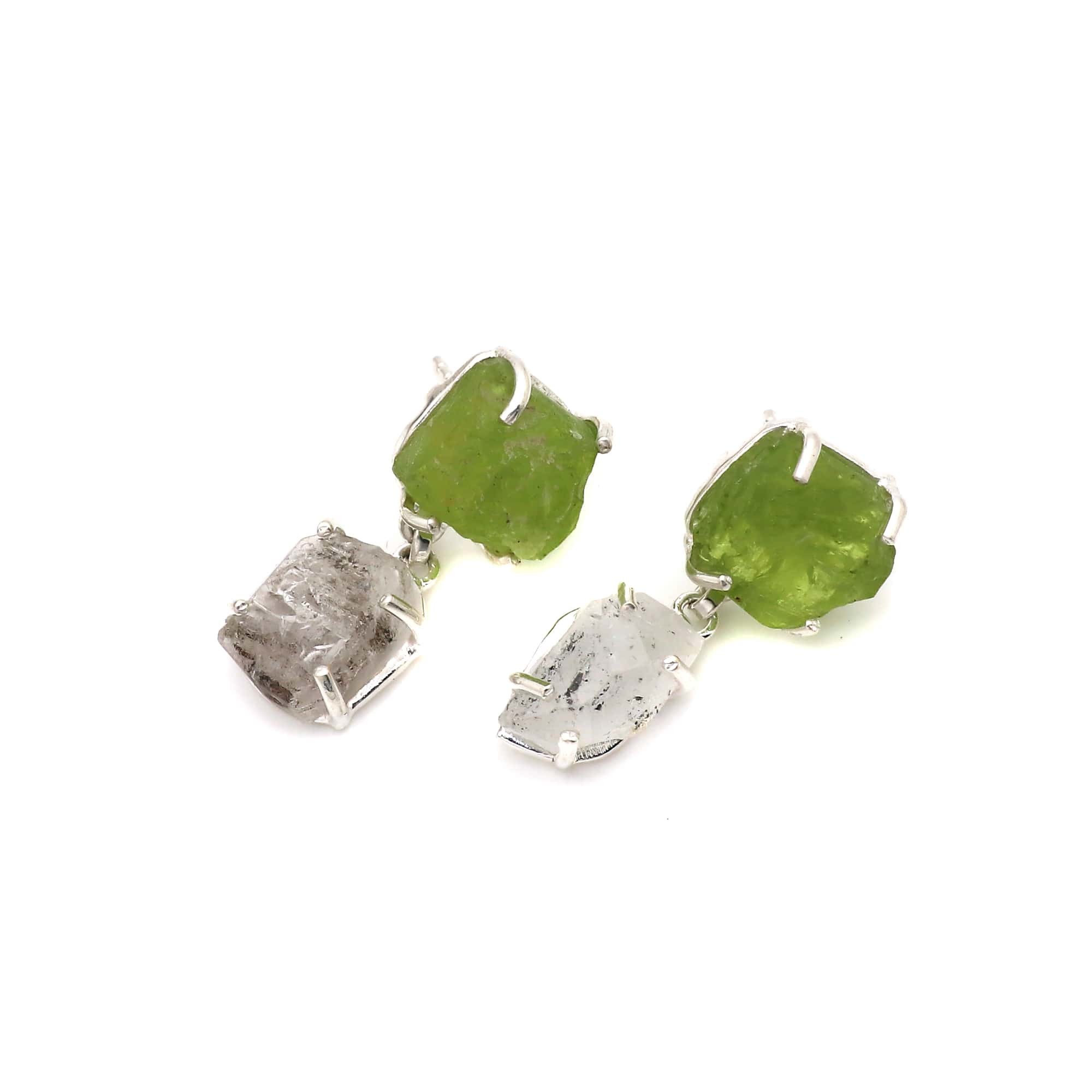 925 Sterling Silver Raw Herkimer Diamond And Peridot Earring.