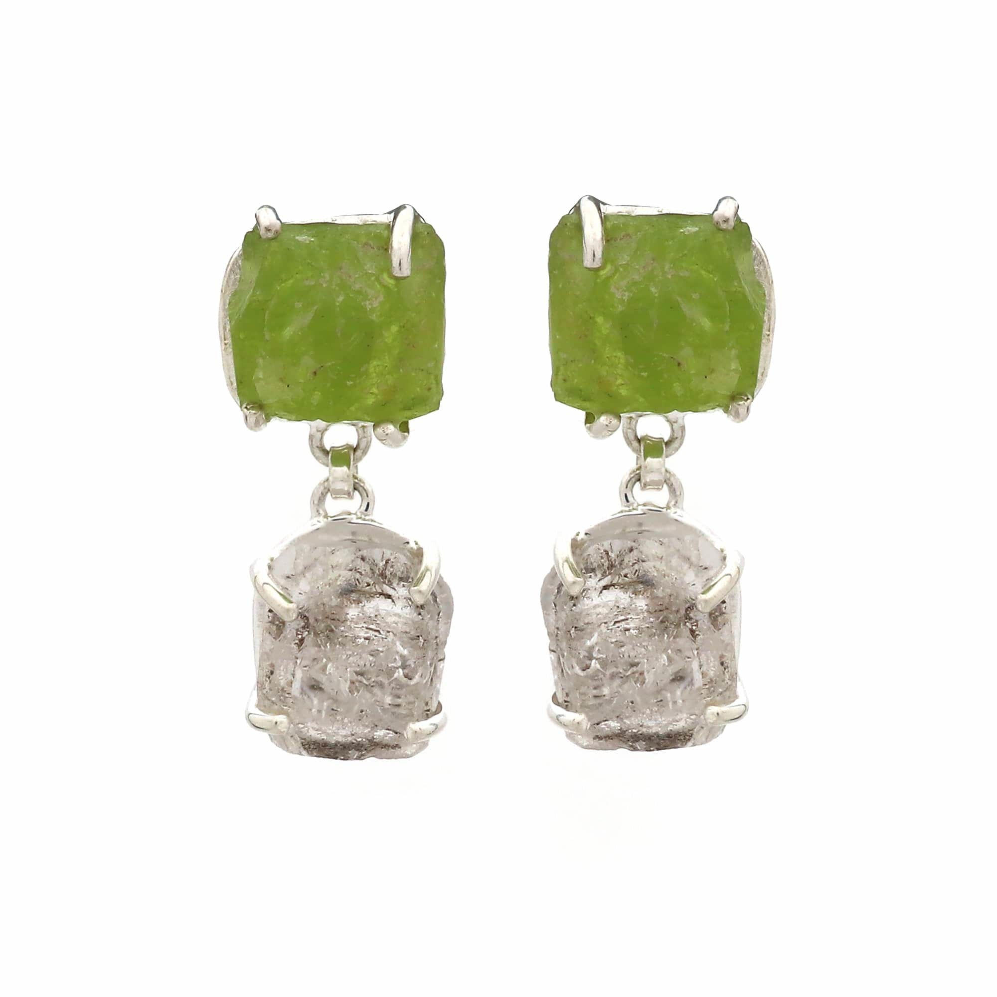 925 Sterling Silver Raw Herkimer Diamond And Peridot Earring.