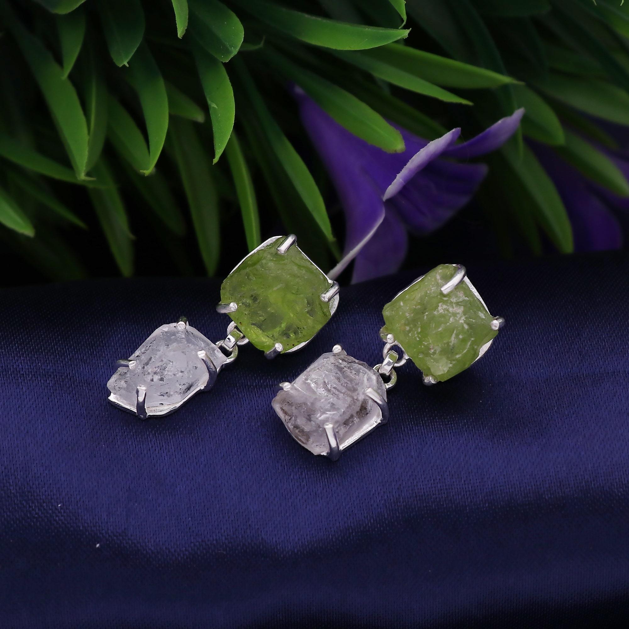 925 Sterling Silver Raw Herkimer Diamond And Peridot Earring.