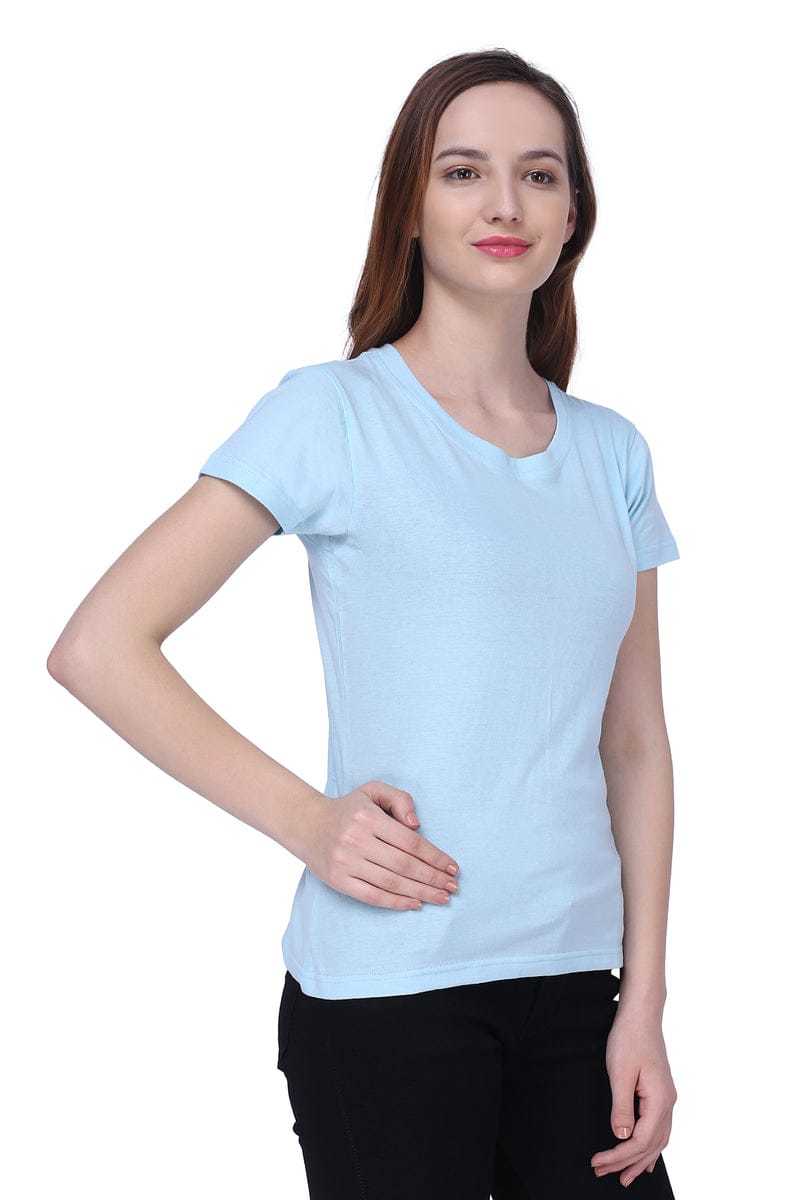 Semantic Women's Half Sleeve Light Blue Cotton T-shirt - Age Group: 18 Above