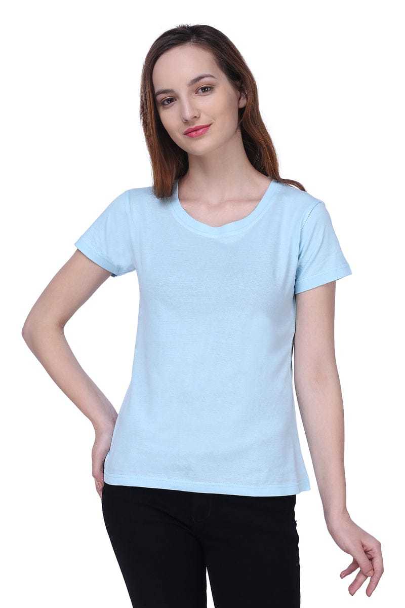 Semantic Women's Half Sleeve Light Blue Cotton T-shirt - Age Group: 18 Above
