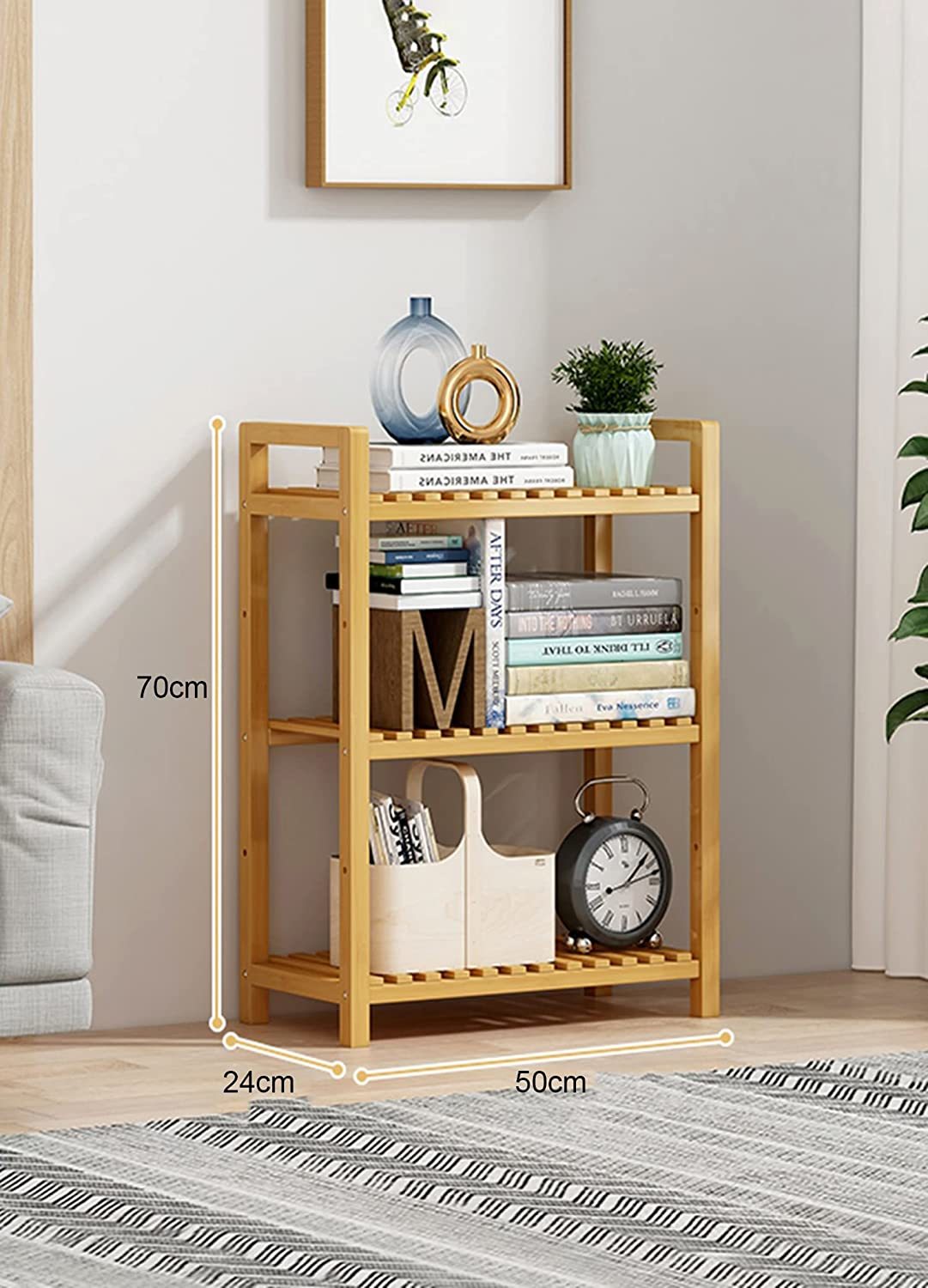 Brown 3 Tier Adjustable Bookshelf Bamboo Bookcase Shelf Storage Organizer Utility Shelf Rack For Living Room Bathroom Kitchen Office (50x24x70cm Do It Yourself)