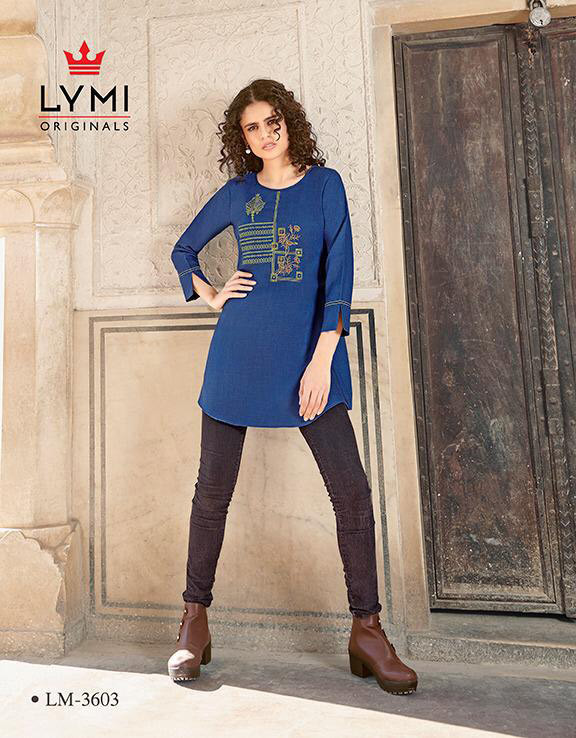 Artwork Embroidery Work Tops Catalogue Set - Rayon Flex, M To 3xl | Breathable, No Fade, Washable, 8 Unique Designs In Denim Slit Style