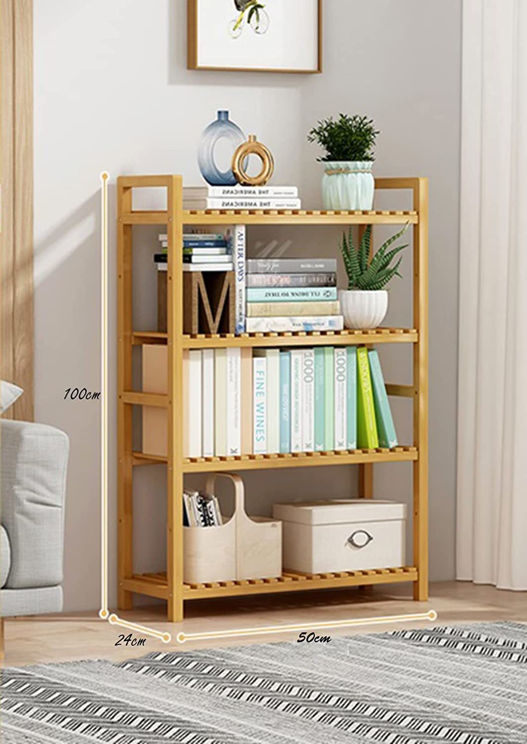 Bamboo Bookcase - 4-tier Adjustable Shelf, 50x24x100 Cm | Multi-functional Storage Organizer For Home, Office, Plants, And More