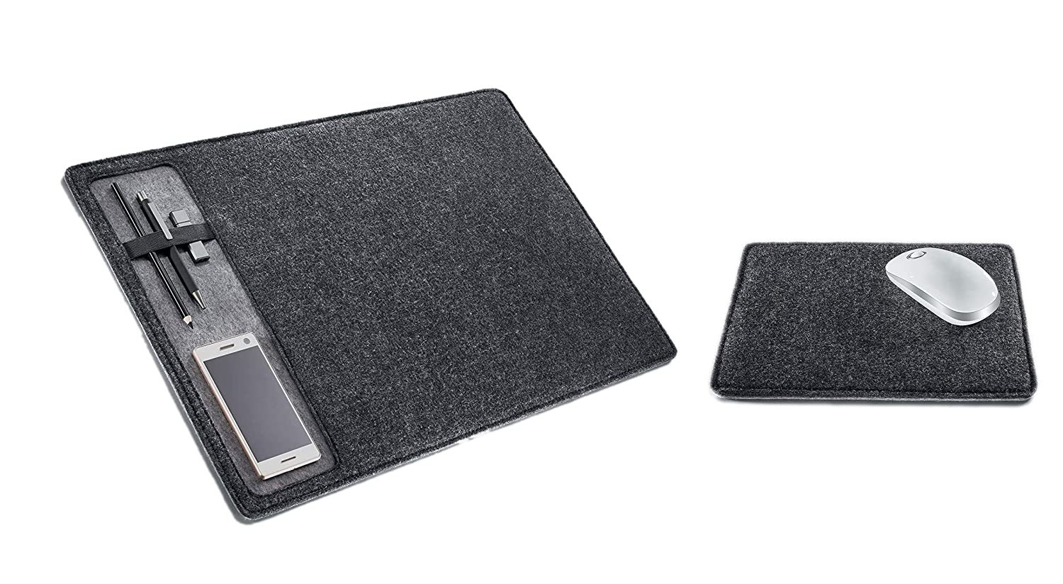 Felt Desk Pad - 60x40cm , Dark Grey With Elastic Strap, Pen Storage Pocket And Anti-slip Back