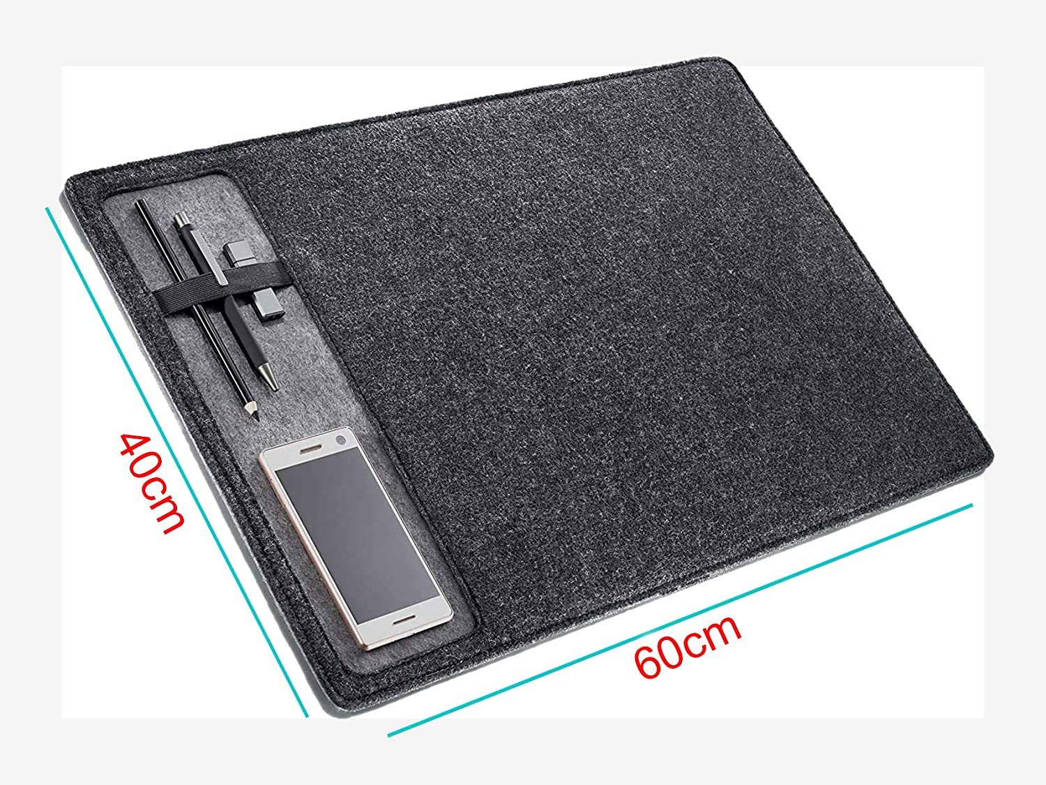 Felt Desk Pad - 60x40cm , Dark Grey With Elastic Strap, Pen Storage Pocket And Anti-slip Back
