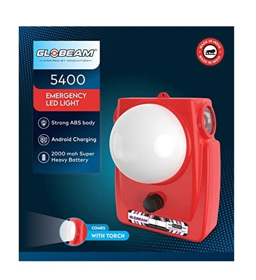 Globeam 5400 Rechargeable Emergency Light With Side Torchlight - Shockproof Abs Plastic Body, 2000 Mah Battery For Long Backup | Ideal For Camping And Emergency Use