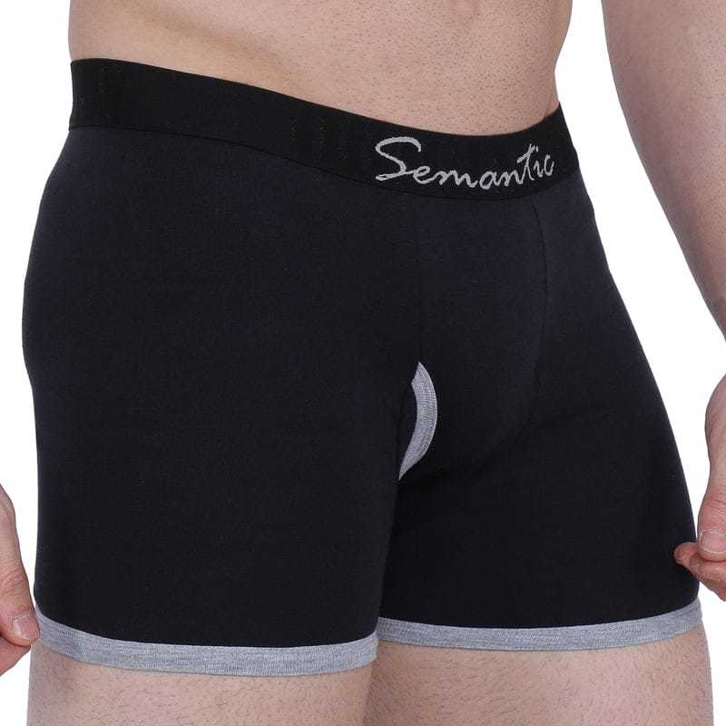 Semantic Cotton Designer Black Long Trunks (Boxer Briefs) With Fly