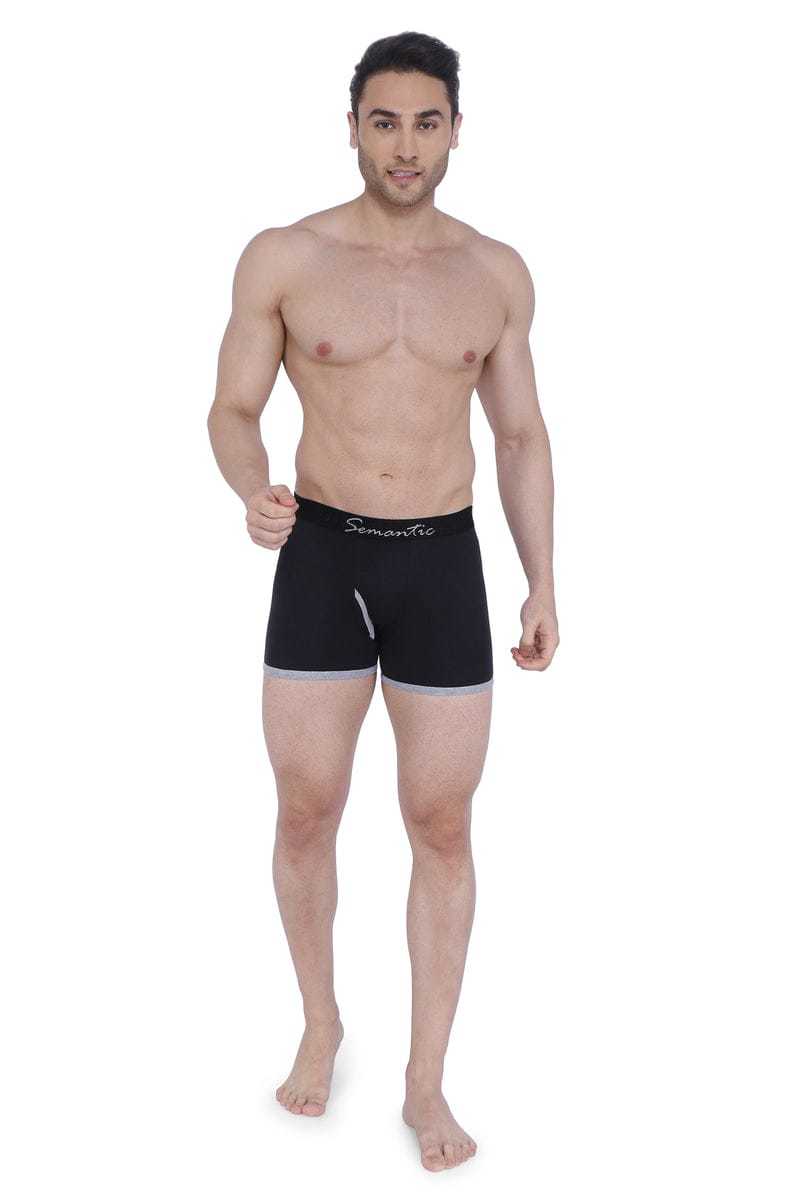 Semantic Cotton Designer Black Long Trunks (Boxer Briefs) With Fly