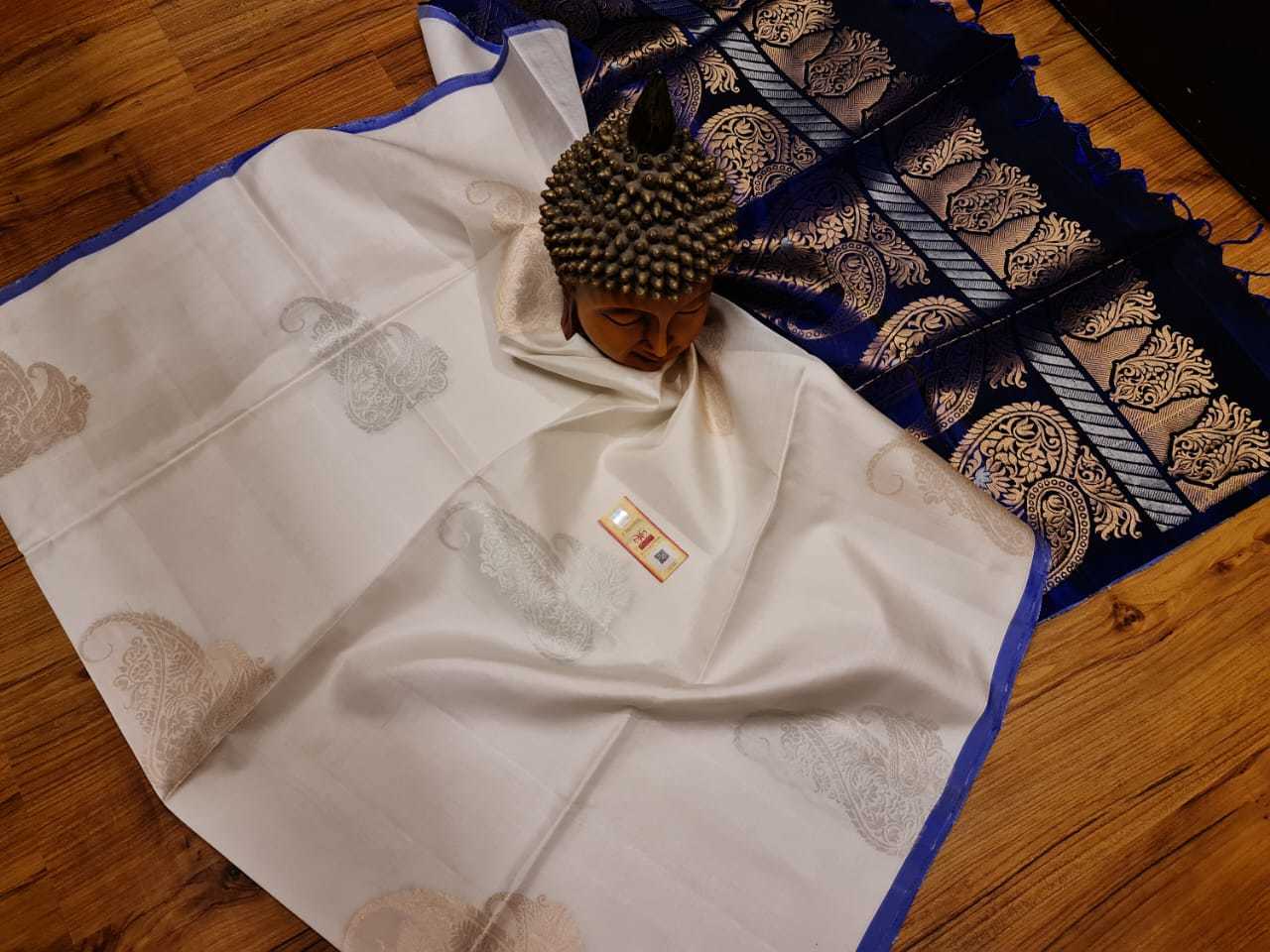 Aravta Butta Handloom Silk Saree - High-quality Pure Silk, Three Layer Zari Work, White With Blue Contrast Pallu And Blouse | Silk Mark Certified, Traditional Soft Silk For Grand Occasions