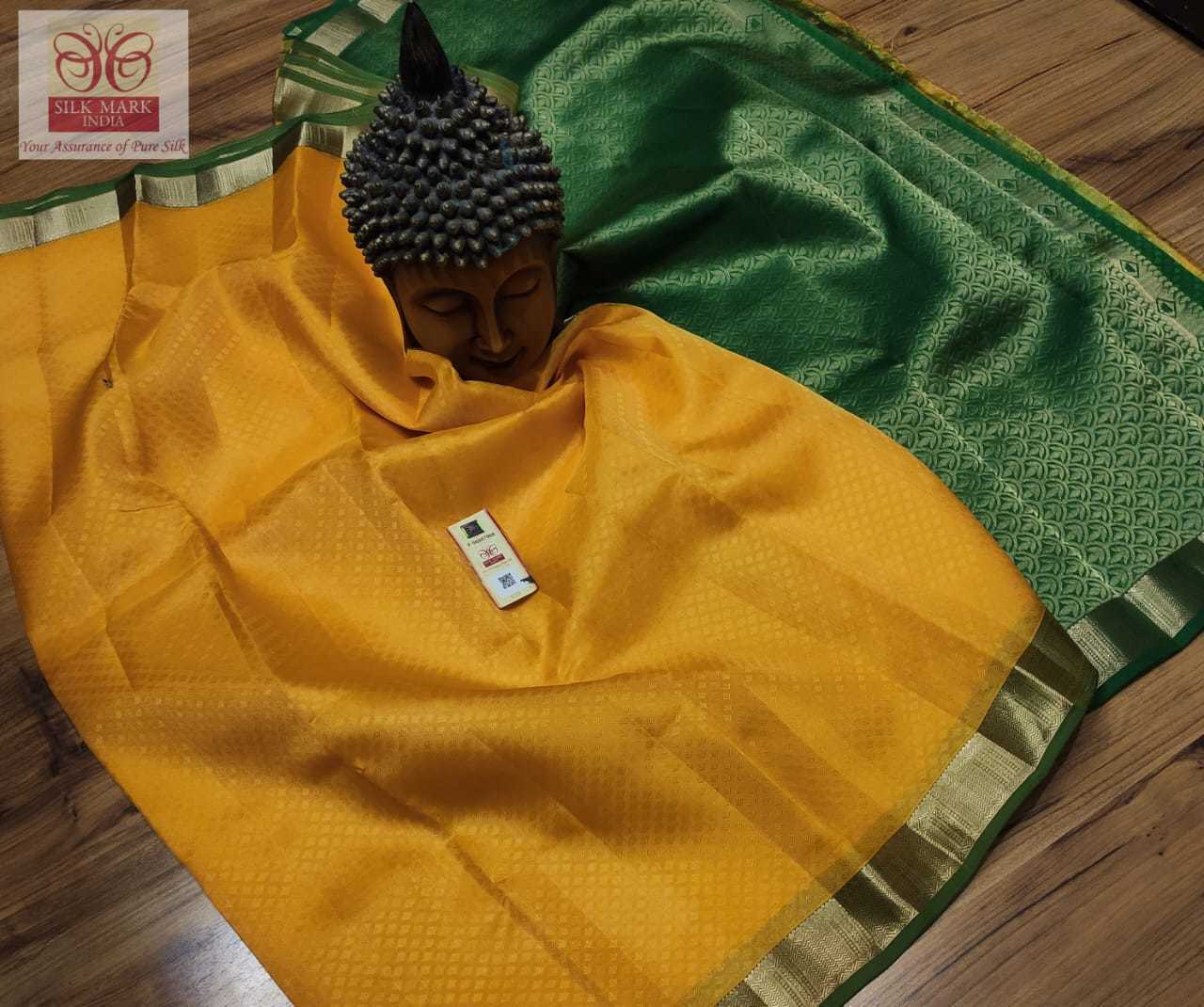 Kanjivaram Pure Silk Saree - Embossed Pattern With Rich Pallu , Lightweight Silk Mark Certified Fabric, Zari Work, Yellow With Green, Lace Closure, Contrast Blouse With Border