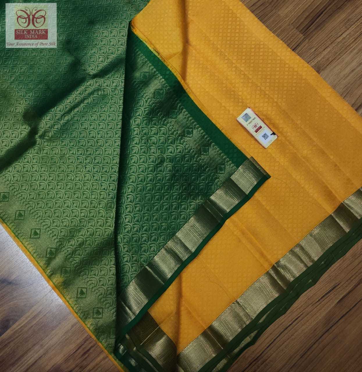 Kanjivaram Pure Silk Saree - Embossed Pattern With Rich Pallu , Lightweight Silk Mark Certified Fabric, Zari Work, Yellow With Green, Lace Closure, Contrast Blouse With Border
