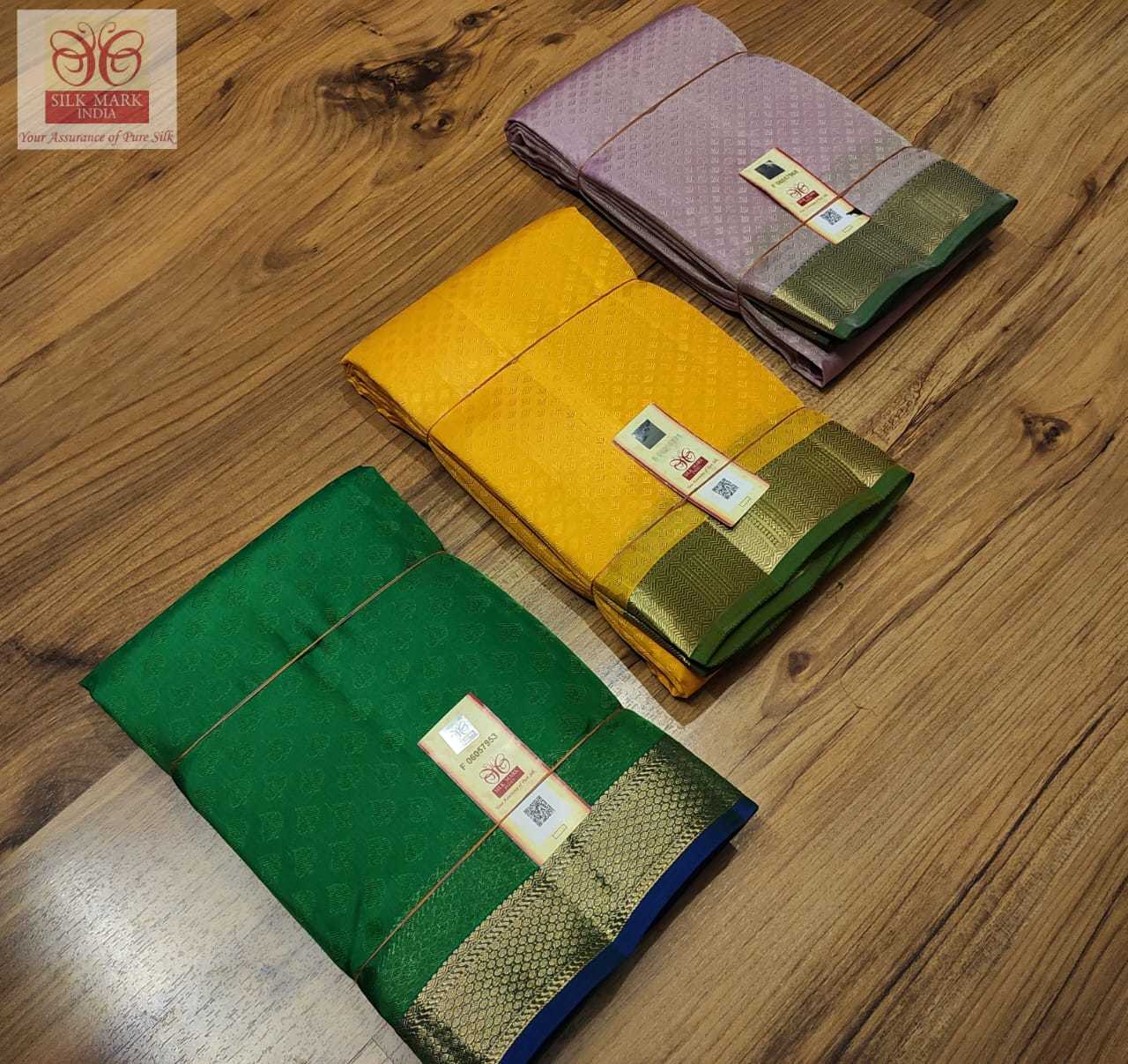 Kanjivaram Pure Silk Saree - Embossed Pattern With Rich Pallu , Lightweight Silk Mark Certified Fabric, Zari Work, Yellow With Green, Lace Closure, Contrast Blouse With Border