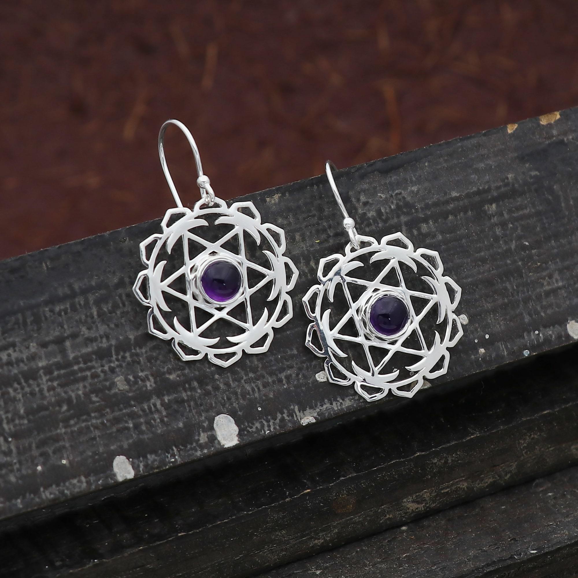 925 Sterling Silver Amethyst Mandala Design Earring