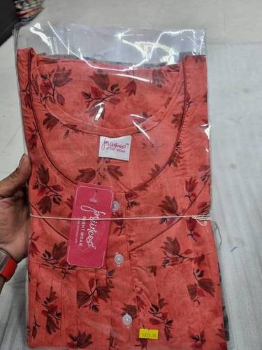 Printed Cotton Long Nighty M41 - Cotton Material, Free Size, Orange and Maroon Colors, Full Length, Pleated Design, Round Neck, Short Sleeves, Summer Wear