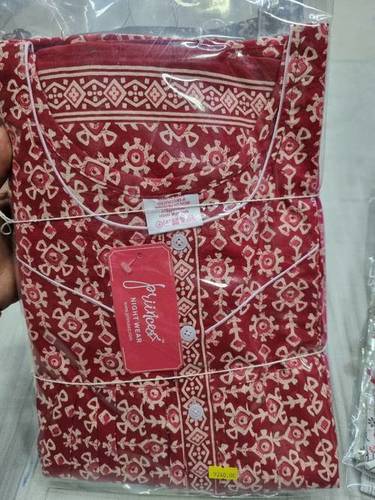 Printed Cotton Long Nighty M42 - Cotton, Free Size, Maroon and White, Full Length, Round Neck, Short Sleeves, Summer Nightgown, Printed Design