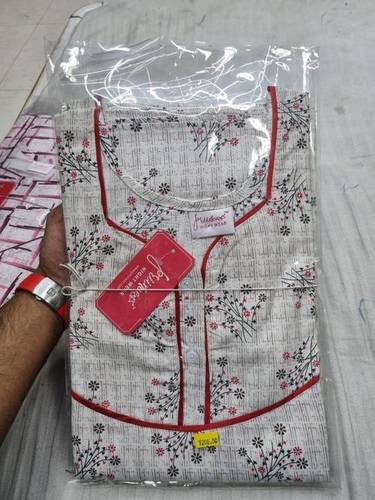 Floral Printed Cotton Nighty M46 - Full Length, Free Size, Off White, V Neck Design | Short Sleeves, Pleated Pattern, Ideal for Rainy, Spring & Summer Wear