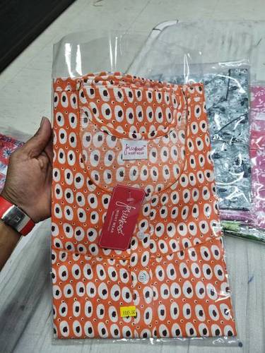 Orange Printed Cotton Nighty M48 - Free Size, Full Length, Round Neck, Orange and White Printed | Short Sleeves, Ideal for Rainy, Spring, and Summer Seasons
