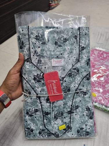 Black Floral Printed Cotton Nighty M49 Size: Large