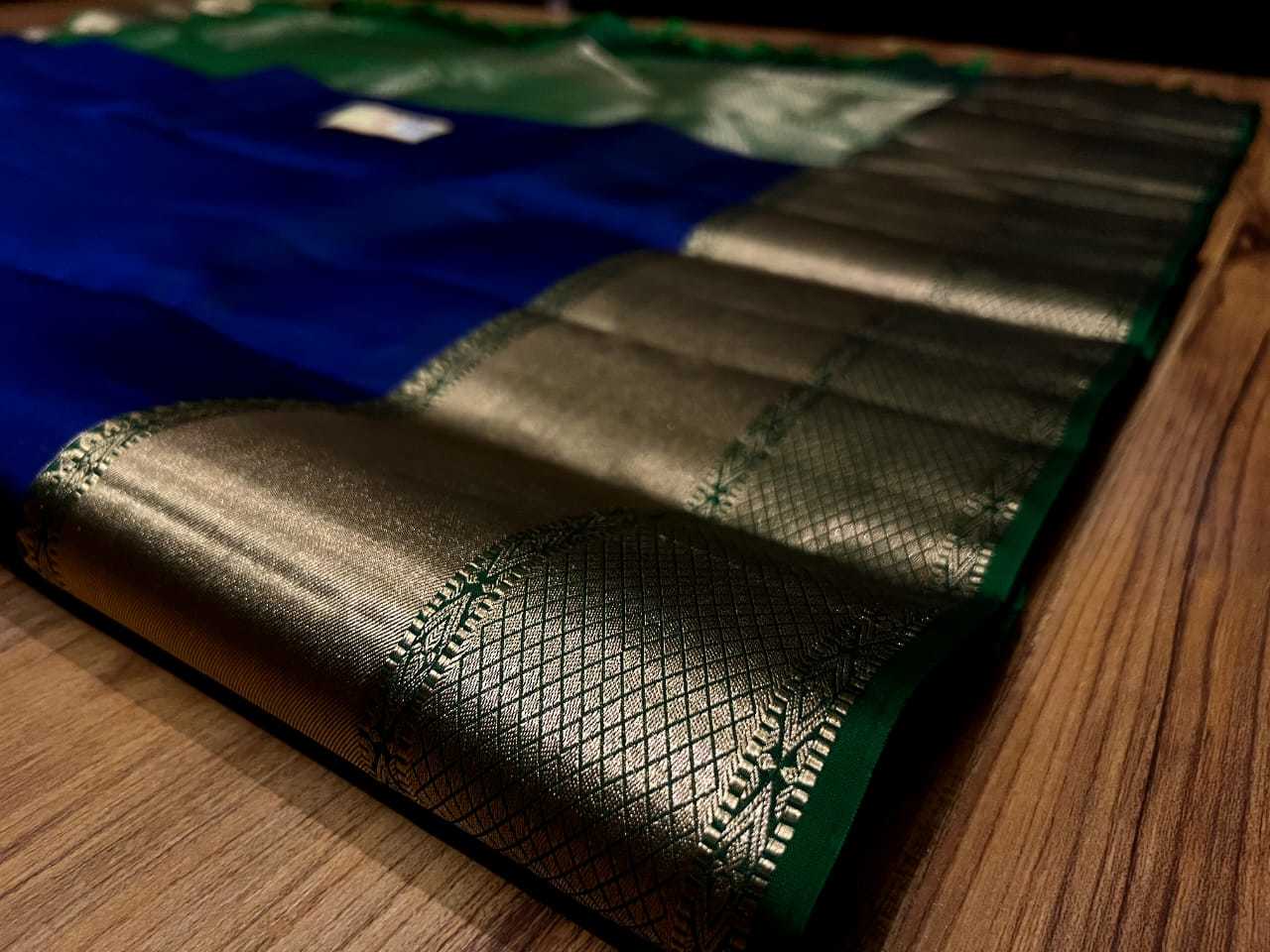 Pure Kanchipuram Silk Saree - 8 Inch Tissue Border, Navy Blue With Green Zari Work, Light Weight Soft Silk, Silk Mark Certified, Rich Pallu And Blouse