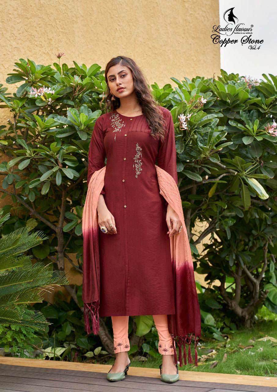 Copper Stone Vol 4 Nylon Viscose Kurtis With Pant Dupatta Set Decoration Material: Paint