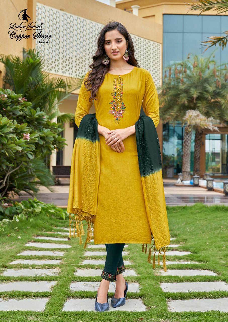 Copper Stone Vol 4 Nylon Viscose Kurtis With Pant Dupatta Set Decoration Material: Paint