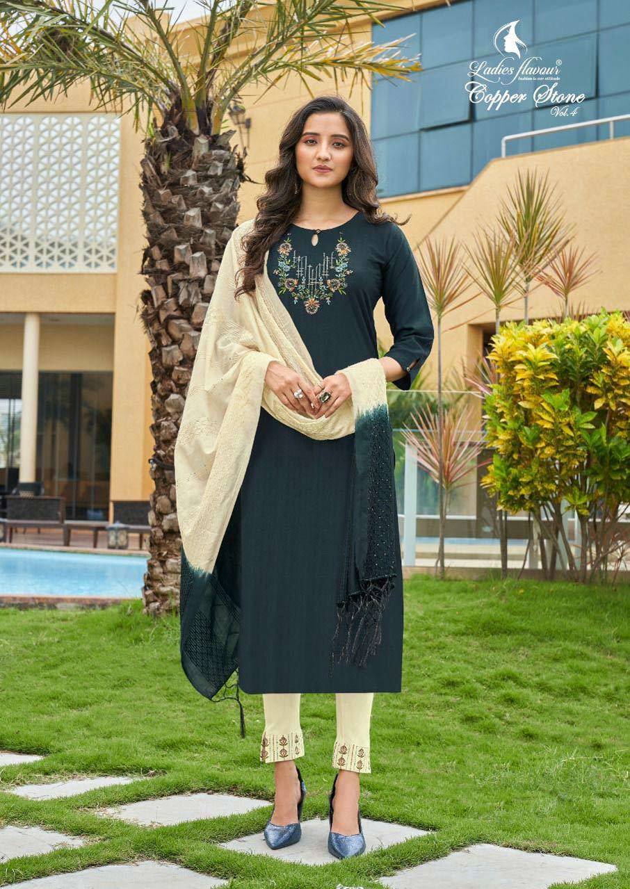 Copper Stone Vol 4 Nylon Viscose Kurtis With Pant Dupatta Set Decoration Material: Paint