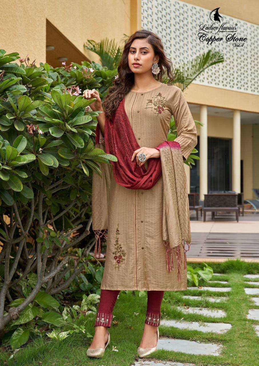 Copper Stone Vol 4 Nylon Viscose Kurtis With Pant Dupatta Set Decoration Material: Paint