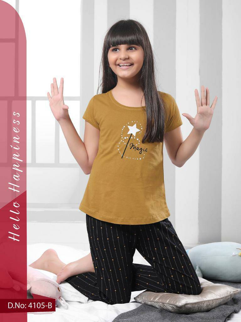Kids Cotton Hosiery Printed Nightsuit B5 - Cotton, Customized Size, Pink/mustard Colors - Round Neck, Short Sleeves, Ideal For All Seasons