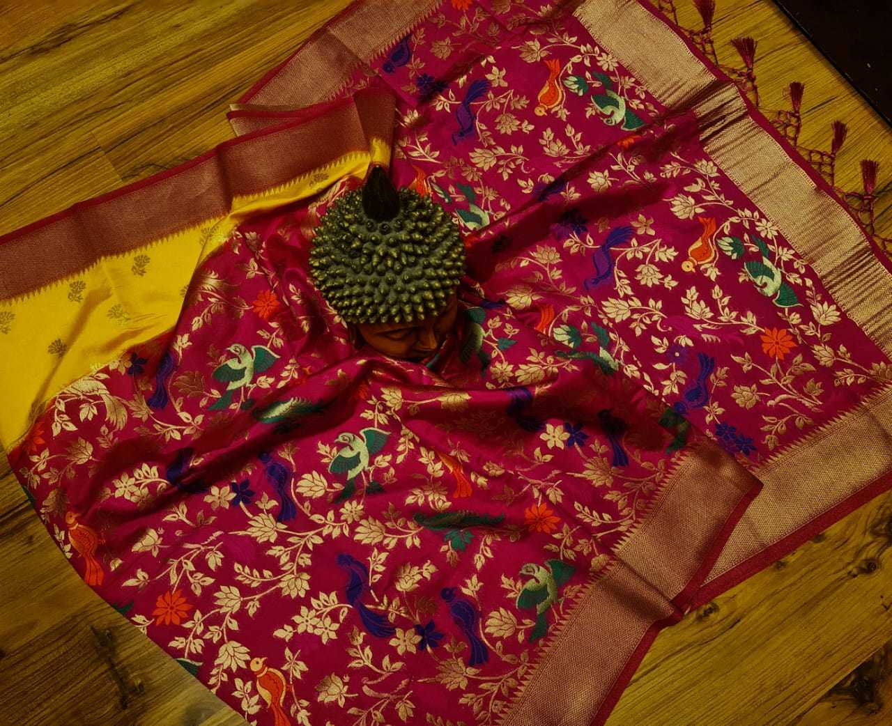 Yellow With Pink Kanji Banarashi Soft Silk