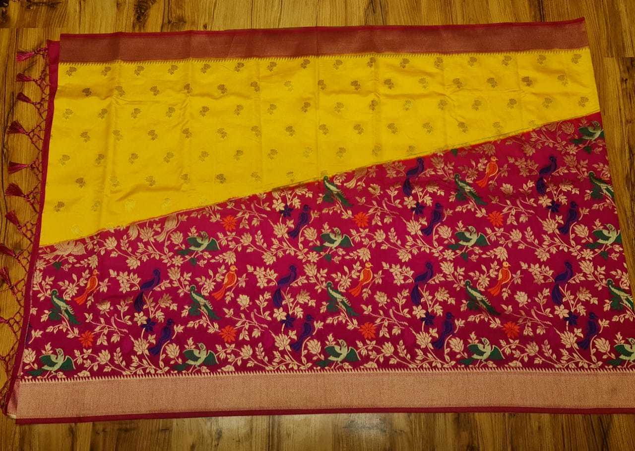 Yellow With Pink Kanji Banarashi Soft Silk