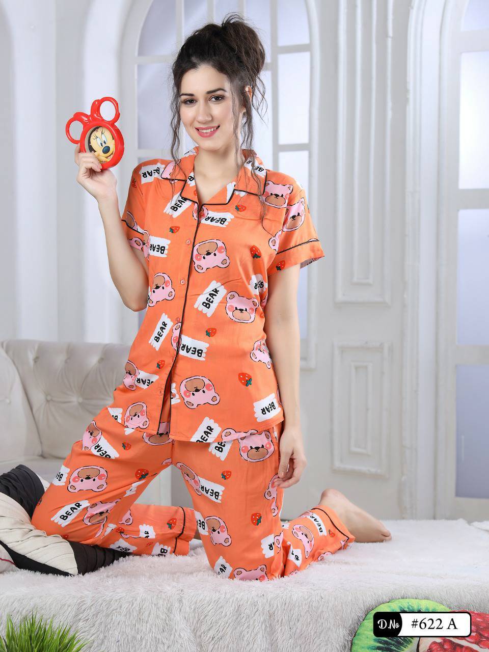 Available In 3 Colours- Red/blue/orange Teddy Print Full Nightsuit B10