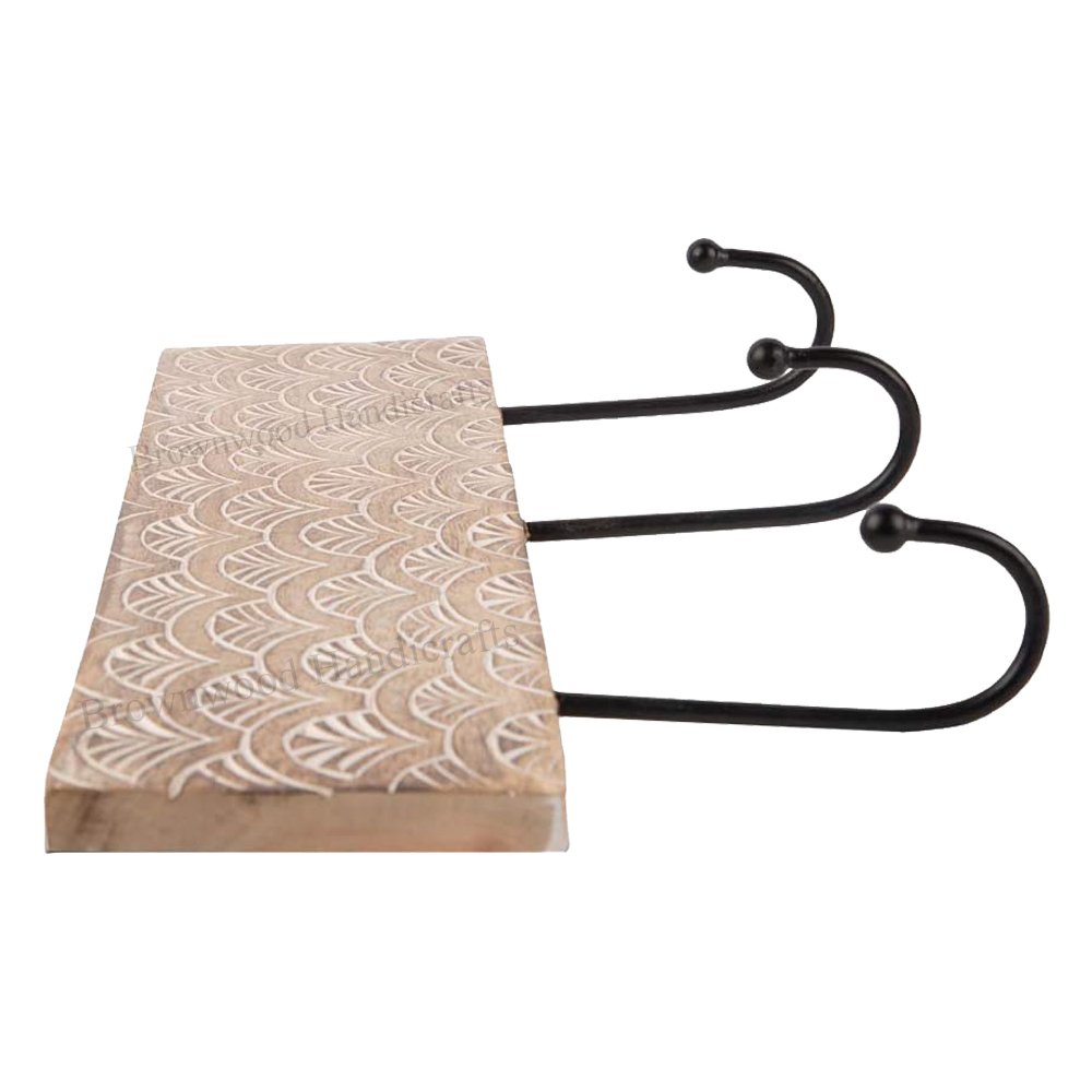 Burnt White Wash Mango Wood Carved Wall Hooks 3 Hooks