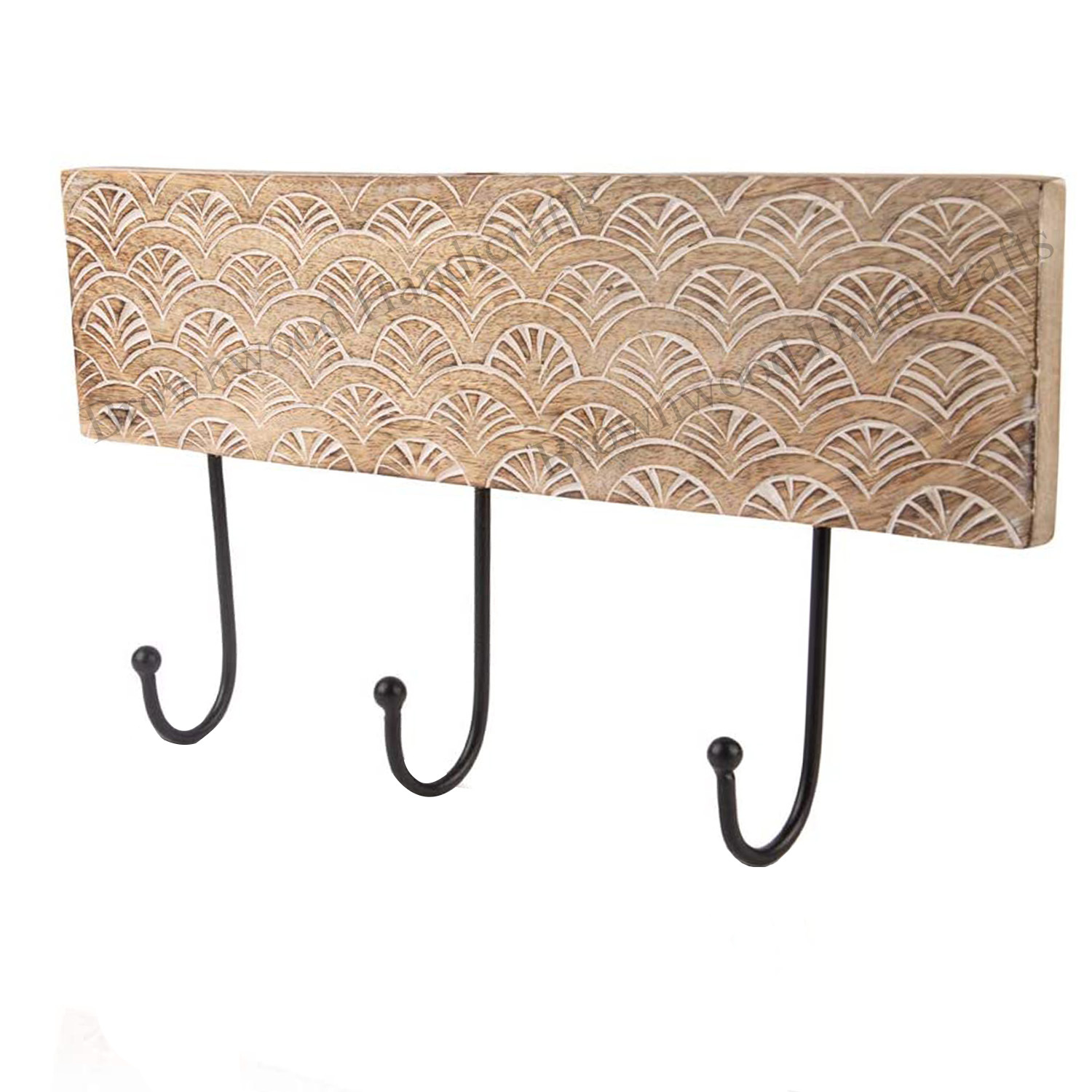 Burnt White Wash Mango Wood Carved Wall Hooks 3 Hooks