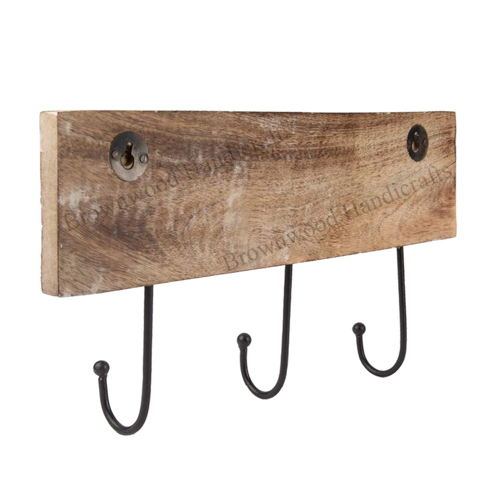 Burnt White Wash Mango Wood Carved Wall Hooks 3 Hooks