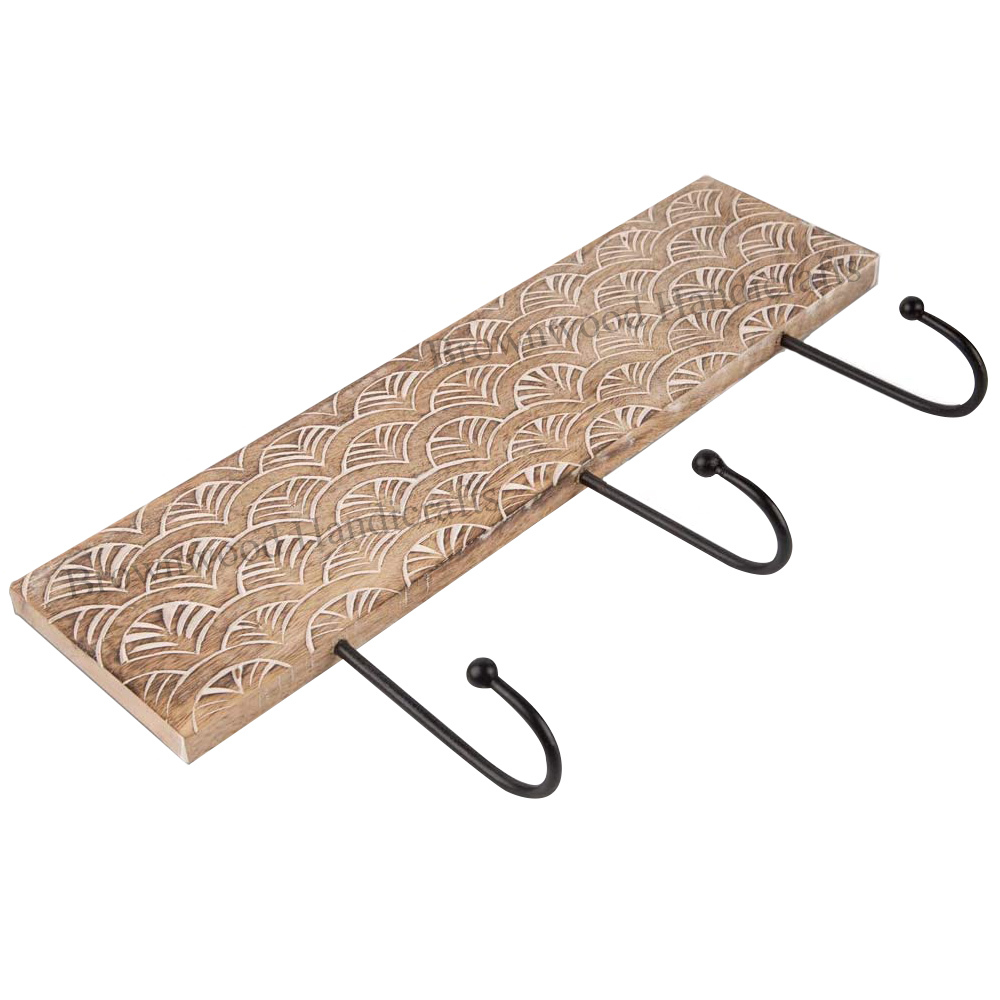 Burnt White Wash Mango Wood Carved Wall Hooks 3 Hooks