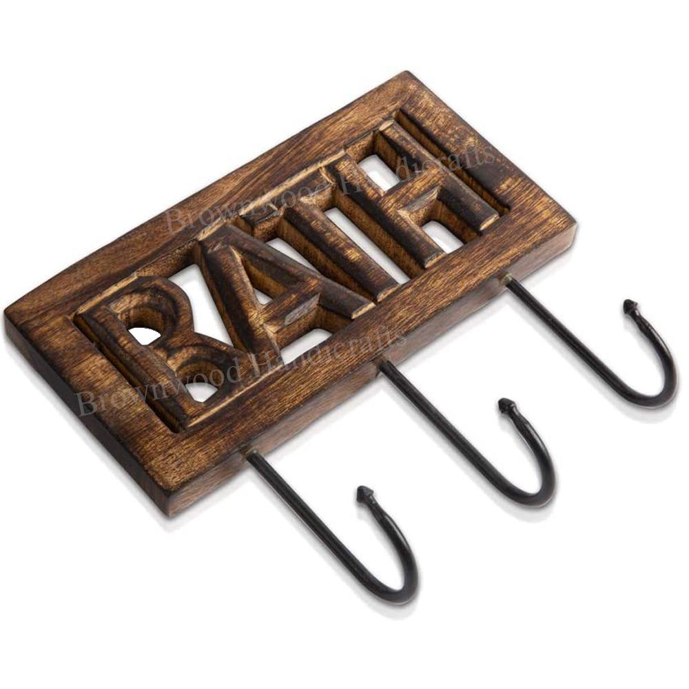 Burnt Mango Wood Wall Hooks 3 Hooks