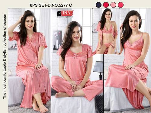 Satin Nightwear Set - 6 PC Pink Collection | Night Suit, Robe, Short Nighty & Lingerie, Sleeveless, Plain, Ideal for All Seasons