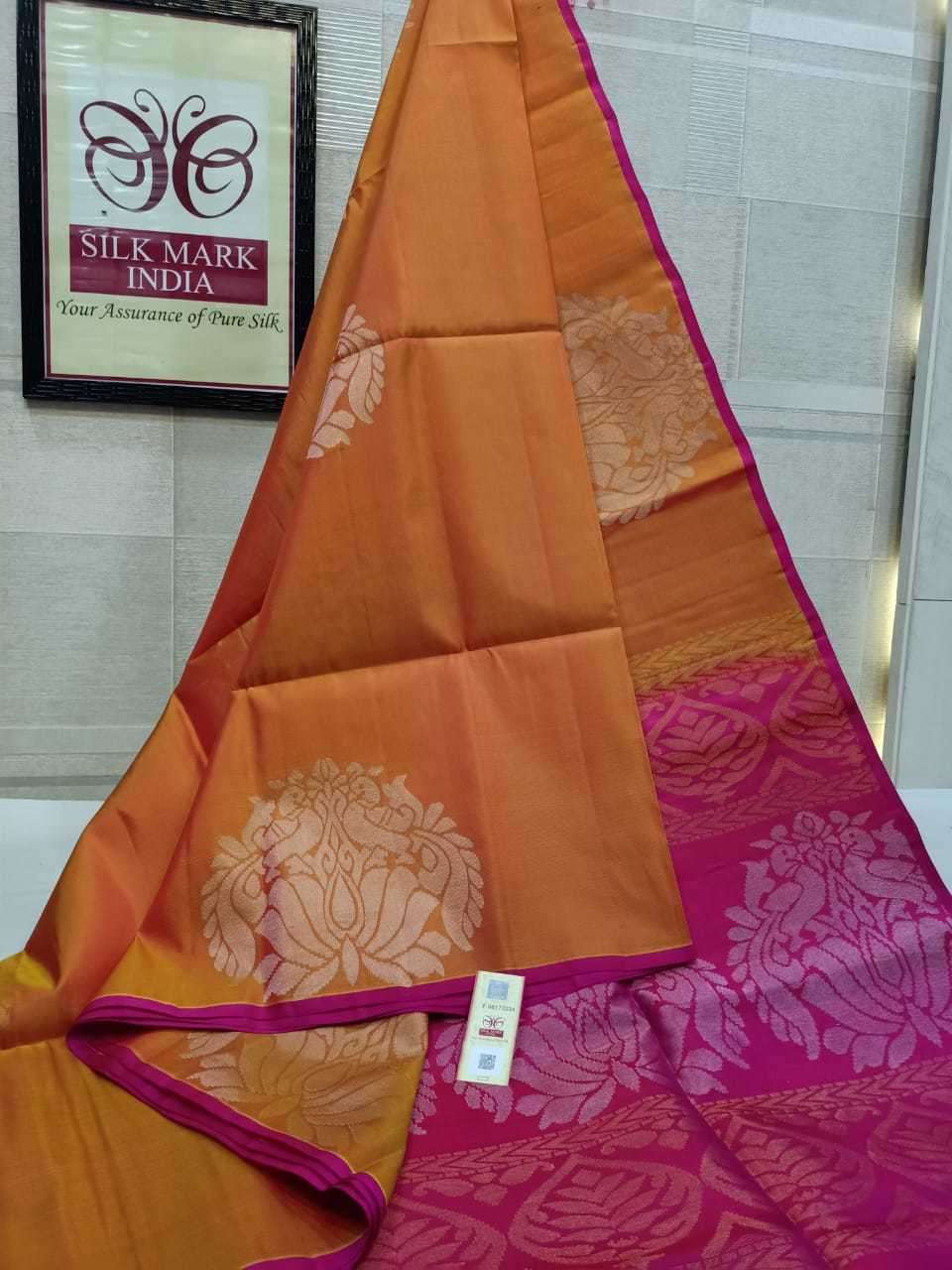 Blue And Orange Pure Soft Silk Saree Handloom Arvata Butta